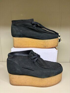 Clarks ELVTD Black Leather Cuir Noir Wallabee Boots Platform Wedge Size 8 Men's